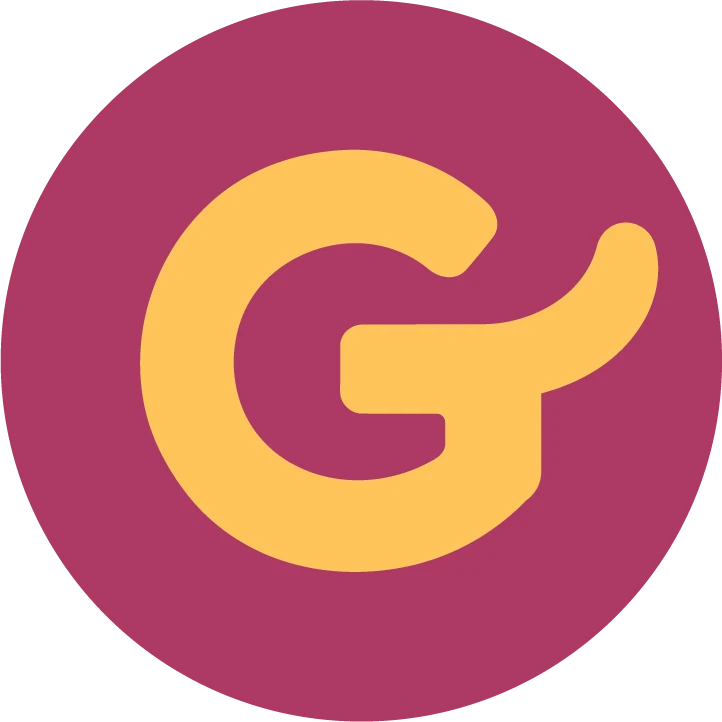 All Things Dog circular emblem with a yellow tail-shaped G on plum.