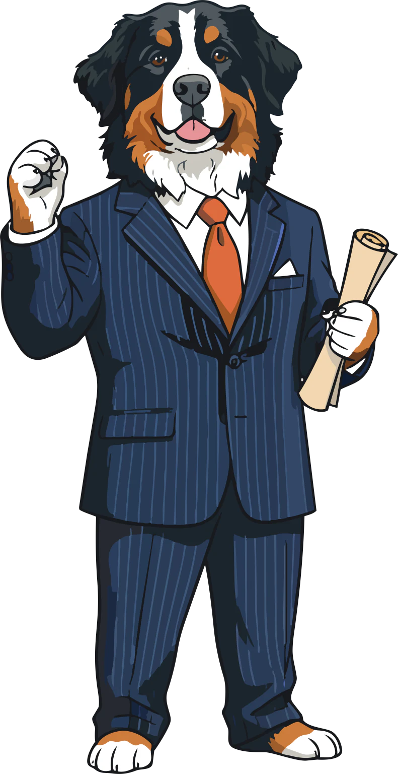 McBark, the K9 Paw Minister campaign mascot, in a navy suit and orange tie.